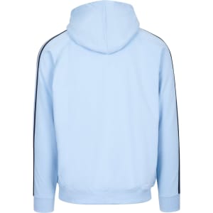 A light blue men's hoodie featuring black stripe details along the sleeves and a kangaroo pocket. It has a hood and ribbed cuffs.