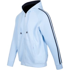 A light blue men's hoodie featuring black striped sleeves and a zip-up front. It has a hood and front pockets.