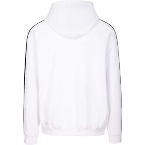 A white hoodie with stripe sleeves and a logo. Features a hood and ribbed cuffs.