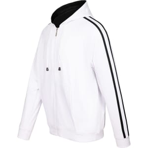 A white hoodie featuring black stripe sleeves, designed with a zip and a hood. It includes a logo on the garment.