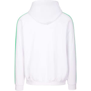 A hoodie in white with green stripe detailing along the sleeves and a drawstring hood. Features a logo.