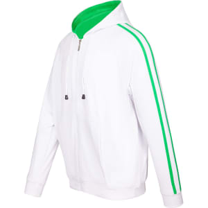A white hoodie with green stripe sleeves and a green interior, featuring a logo on the chest.
