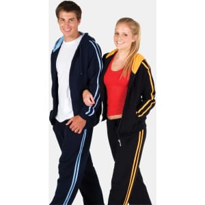 A navy hoodie with blue stripes and an orange hoodie with yellow stripes, worn by a man and a woman.