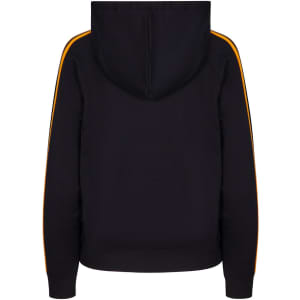 A black hoodie with orange stripe details on the sleeves and a hood, featuring a logo on the back.