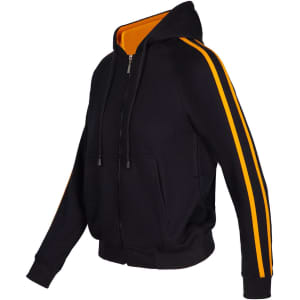 A black hoodie with orange stripe sleeves and a contrasting inner lining, featuring a zip closure and hood.