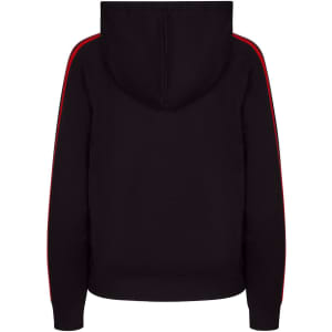 A black hoodie featuring red stripe sleeves and a hood. Includes a logo on the garment.
