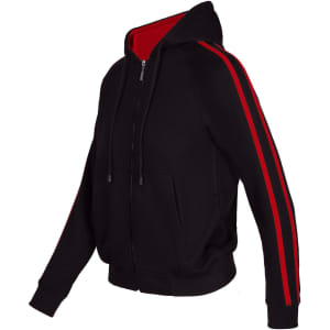 A black hoodie with red stripe sleeves and a red interior, featuring a zip closure and a hood.