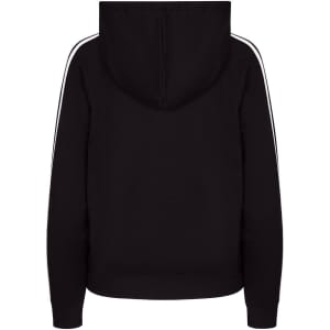 A black hoodie with stripe sleeves and a hood, featuring a logo on the back.