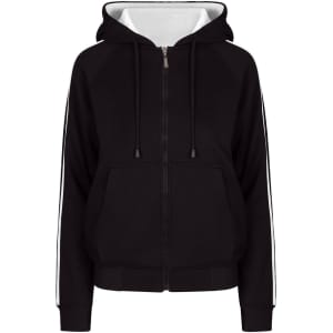A black zip-up hoodie with white striped sleeves and a front pocket. It features a hood and a branded logo.