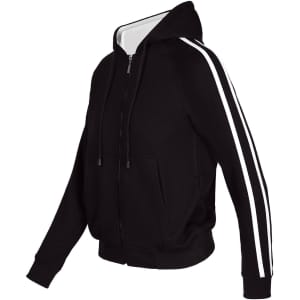 A black hoodie with white stripe sleeves and a front zip, featuring a hood and pockets.