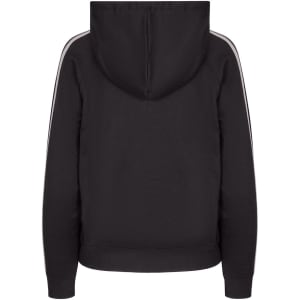 A black women's hoodie featuring stripe sleeves and a hood, designed as a casual jumper.