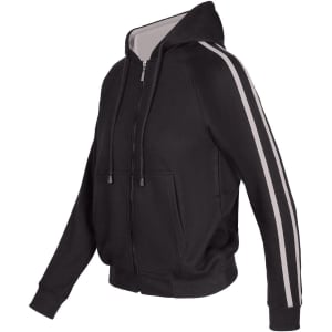 A black women's junior hoodie featuring striped sleeves and a front zip. It has a hood and side pockets.