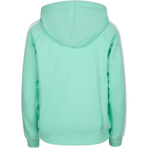A mint green hoodie featuring striped sleeves and a hood, with a plain back and ribbed cuffs.