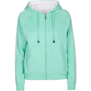 A mint green women's hoodie with stripe sleeves, featuring a front zip and a kangaroo pocket. It has a logo.