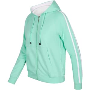 A mint green hoodie with white stripe sleeves and a front zip. It features a hood and front pockets.