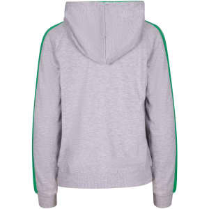 A grey hoodie with green stripe sleeves and a hood, featuring a logo on the back.