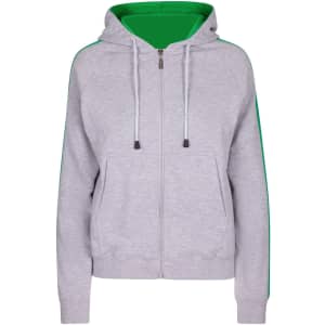 A grey hoodie with green stripe sleeves, featuring a zip and hood, and a front pocket. It has a logo.