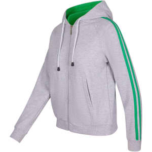 A grey hoodie with green stripe sleeves, featuring a zip front, pockets, and a green inner lining.