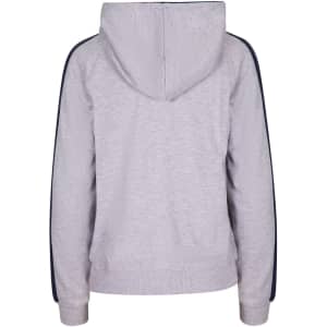 A grey women's hoodie with striped sleeves and a hood, featuring a logo on the back.