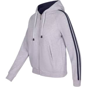 A grey women's hoodie with navy stripe sleeves and a front zipper, featuring a hood and pockets.