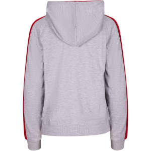 A grey women's hoodie with red stripe sleeves and a hood, featuring a logo on the back.