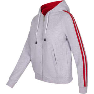 A grey hoodie with red stripes down the sleeves, featuring a zip closure and a red-lined hood.