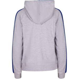 A light grey hoodie with blue stripe sleeves and a hood, featuring a logo on the back.
