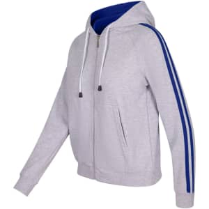 A grey women's hoodie with blue stripe sleeves, featuring a zip front and a hood. It includes a logo on the front.