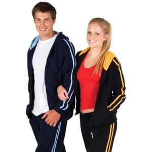 A couple wearing hoodies, one navy blue with light blue stripes and the other black with orange stripes, both with hoods.