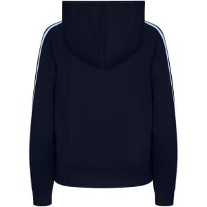 A navy hoodie with light blue striped sleeves and a kangaroo pocket, featuring a hood at the back.