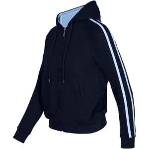 A black hoodie featuring blue stripe sleeves, with a zip front and a hood. It has a branding logo.
