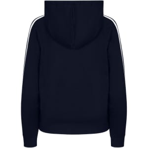 A navy blue women's hoodie featuring stripe sleeves and a hood, with a plain back.