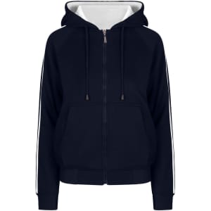 A navy hoodie with white stripe sleeves, featuring a front zip and a drawstring hood. It has a logo on the front.