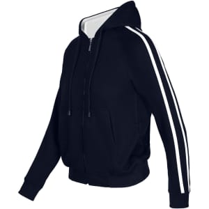 A black hoodie with white stripe sleeves, featuring a zip-up front and a kangaroo pocket. It has a branded logo.