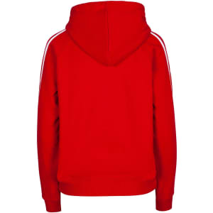 A red hoodie with stripe sleeves and a kangaroo pocket, featuring a hood and ribbed cuffs.