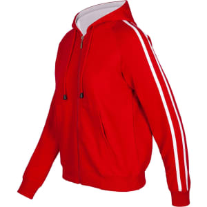A red hoodie featuring white stripe sleeves and a front pocket, with a zipper and hood. It has a logo on it.