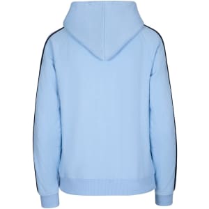 A light blue hoodie with black stripe sleeves and a kangaroo pocket, featuring a hood and a simple design.