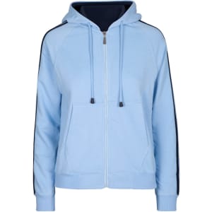 A light blue women's hoodie with stripe sleeves and a front zipper, featuring a hood and pockets.