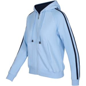 A light blue hoodie with black stripe sleeves, featuring a zip front and a kangaroo pocket. It has a hood and ribbed cuffs.