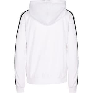 A white hoodie with black stripe sleeves and a hood, featuring a branded logo.