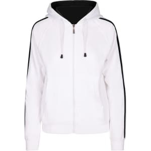 A white zip-up hoodie featuring black stripe sleeves and a hood. It has pockets and a branding logo.