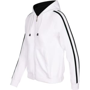 A white hoodie with black stripe sleeves, featuring a front zip and a large hood. The design includes a logo.