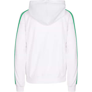 A white hoodie with green stripes on the sleeves and a drawstring hood, featuring a logo on the back.