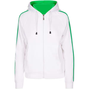 A white hoodie featuring green stripe sleeves and an inner lining, with a zip front and drawstring hood.