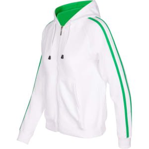 A white hoodie with green stripe sleeves and a green lined hood, featuring a zip and front pockets.