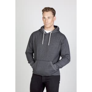 A grey heather hoodie with a front pocket and drawstring hood, featuring a logo.