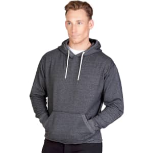 A men's heather hoodie in dark grey, featuring a front pocket and drawstring hood. It has a branding logo.
