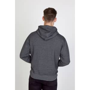 A grey heather hoodie with a drawstring hood, featuring a rear view of a model.