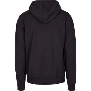 A black hoodie with a kangaroo pocket and a hood, featuring a small logo on the back.