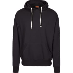 A black hoodie featuring a drawstring, front pocket, and a logo on the label area. Suitable for casual wear.